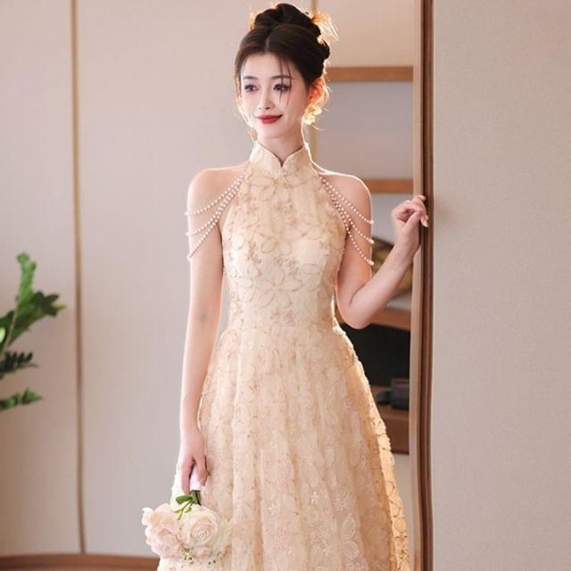 Jacquard Neck Fringed Pearl Collar A-Line Dress Evening Floral Faux Stand Halter