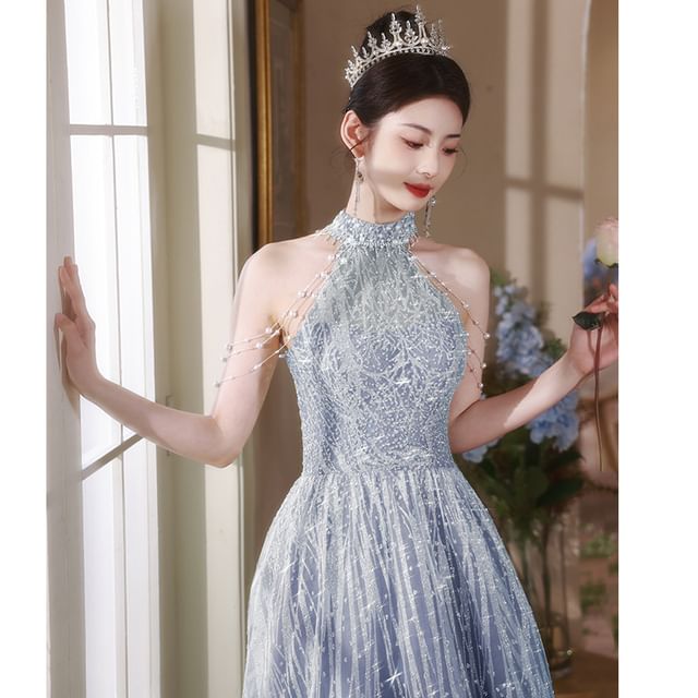 Fringed Pearl Back Evening A-Line Faux Mock Neck Halter Gown Cutout