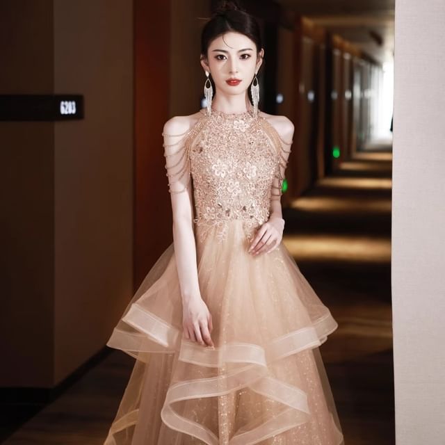 Halter Sequin A-Line Evening Floral Fringed Layered Neck Gown