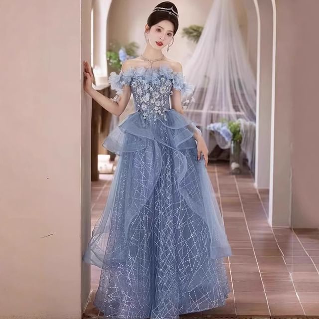 Sequin Off-Shoulder Evening Floral A-Line Gown Ruffle