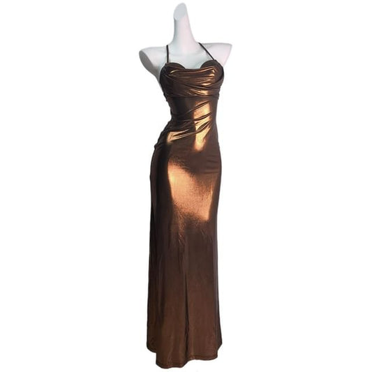 Sheath Strap Gown Metallic Evening Spaghetti Plain