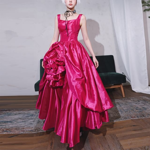 Plain Neck Square Gown Evening A-Line Satin Sleeveless Ruched