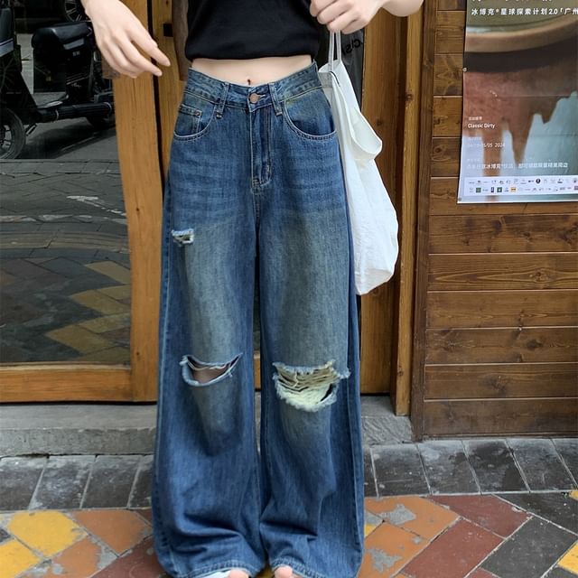Wide Washed Ripped Mid Waist Leg Jeans