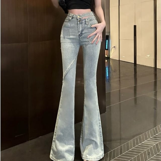 Jeans Rise High Flared Washed Cutout