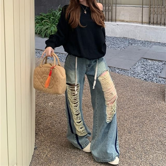 Contrast Pullover Waist Off-Shoulder Trim Plain / Drawstring