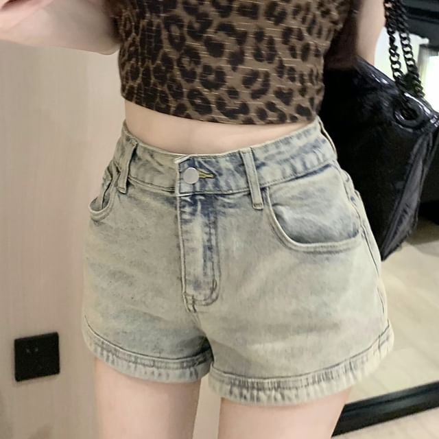 Zipped Denim Washed High Pants Hot Waist