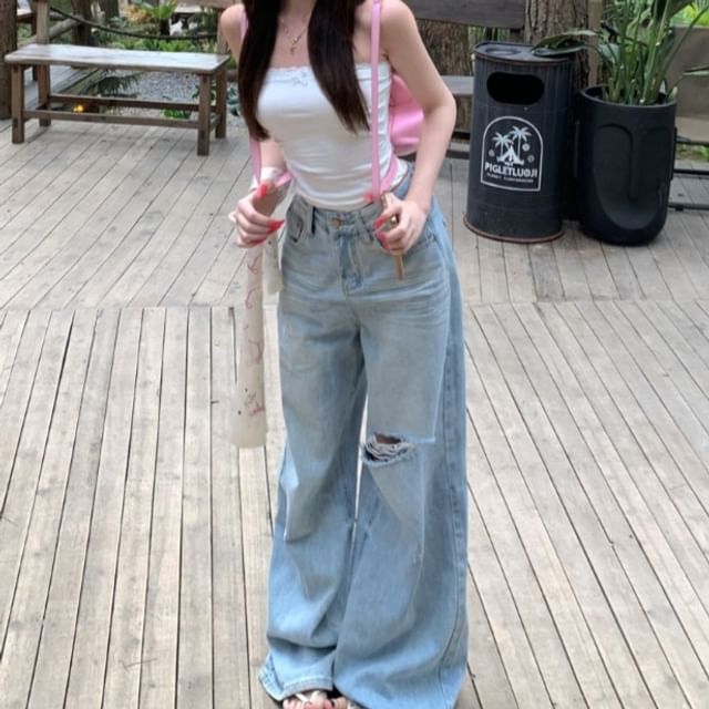 Rise Ruched Accent Top Bow Lace Plain Washed Mid Trim / Crop Tube