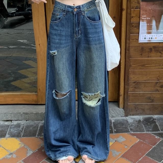 Wide Washed Ripped Mid Waist Leg Jeans