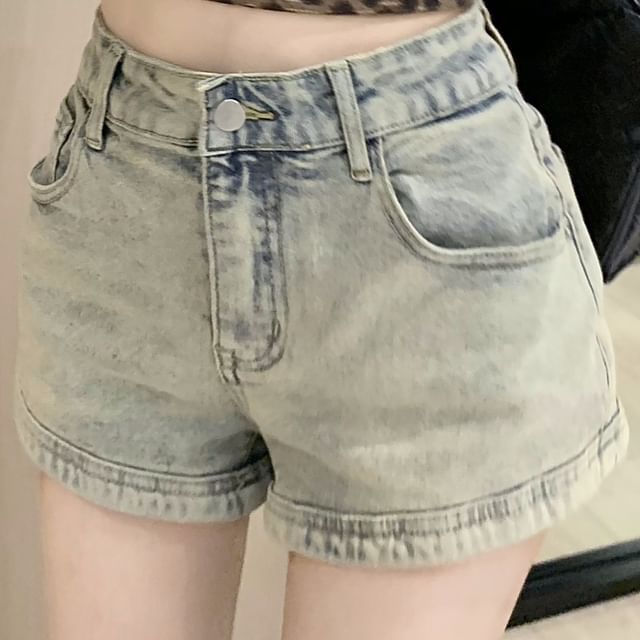 Zipped Denim Washed High Pants Hot Waist