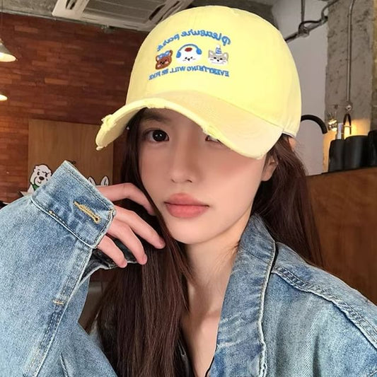Cartoon Embroidered Distressed Baseball Cap