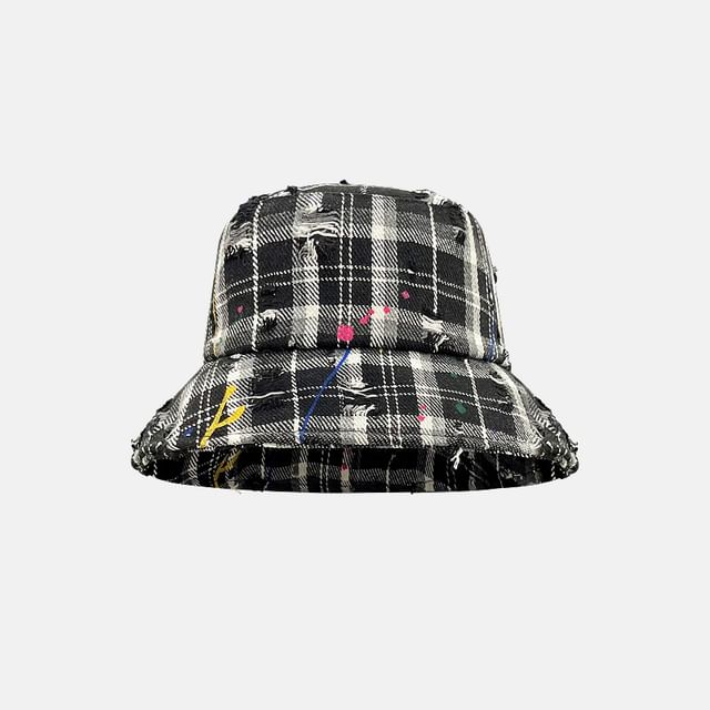 Plaid Distressed Bucket Hat