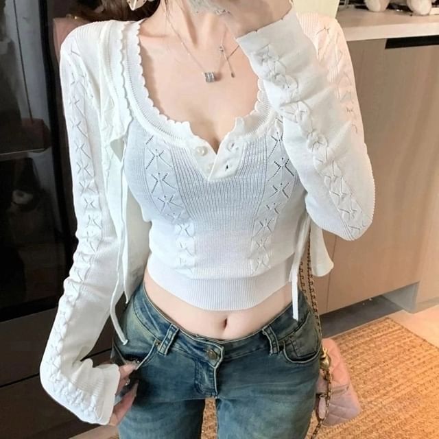 Set: Crop Scoop Plain Cable Top Cardigan Neck + Knit Sleeveless