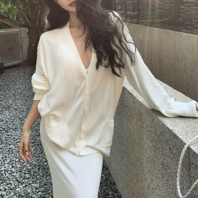 Maxi Skirt V-Neck Plain Blouse / Mid Long-Sleeve Waist A-Line