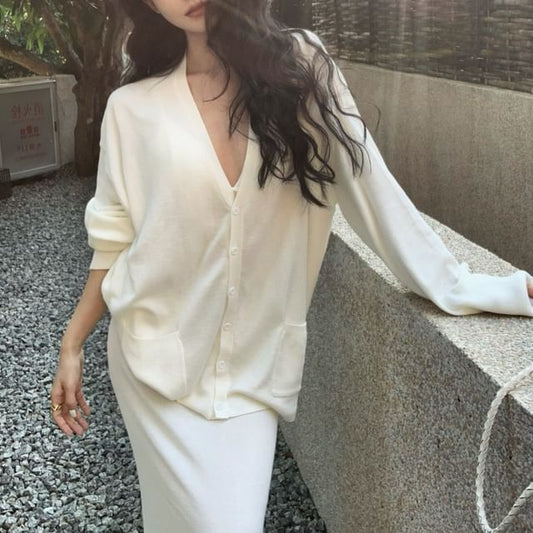 Maxi Skirt V-Neck Plain Blouse / Mid Long-Sleeve Waist A-Line