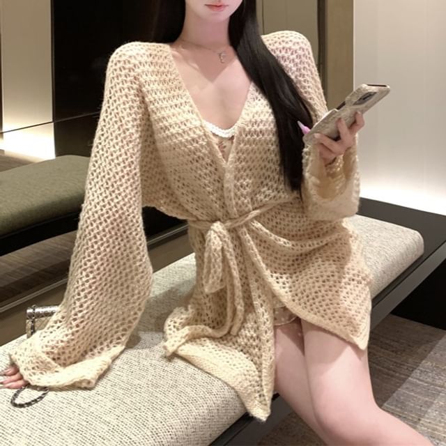 Plain V-Neck Flower Cardigan Dress Crochet Spaghetti / Strap Print Bodycon Mini