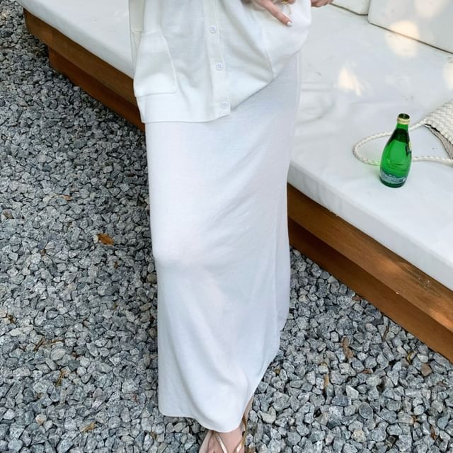 Maxi Skirt V-Neck Plain Blouse / Mid Long-Sleeve Waist A-Line