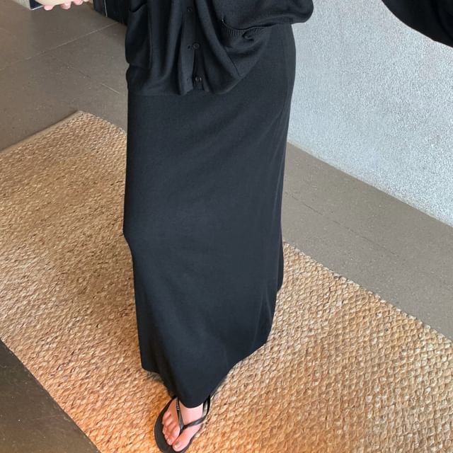 Maxi Skirt V-Neck Plain Blouse / Mid Long-Sleeve Waist A-Line