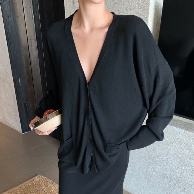 Maxi Skirt V-Neck Plain Blouse / Mid Long-Sleeve Waist A-Line