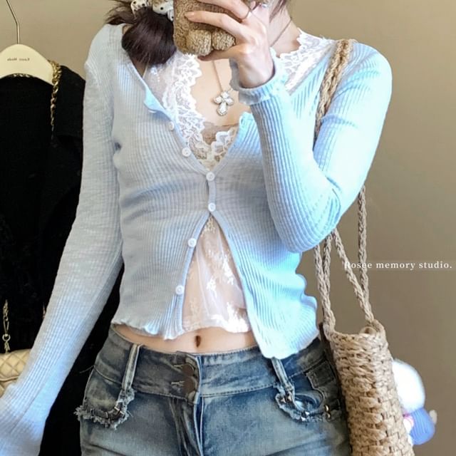 Lace Cardigan / Ruffle Scoop Camisole Neck Plain V-Neck Trim Top