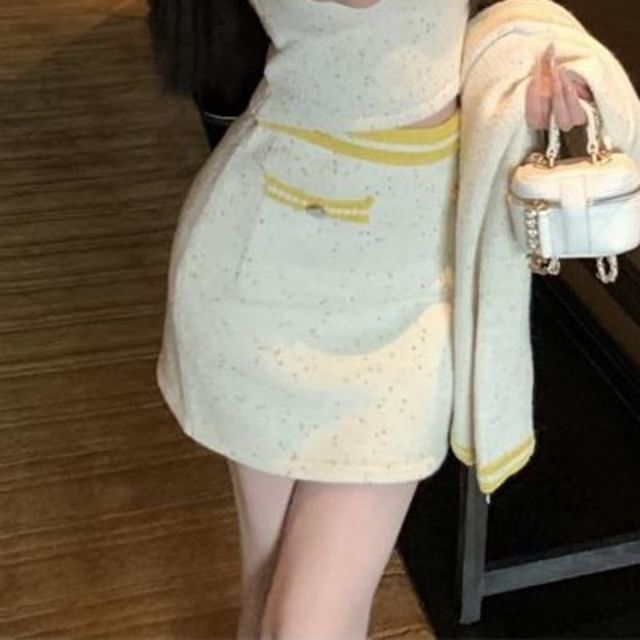 Button Mini Cami High / Cardigan Top Skirt Trim Neck Contrast Scoop Waist Pencil