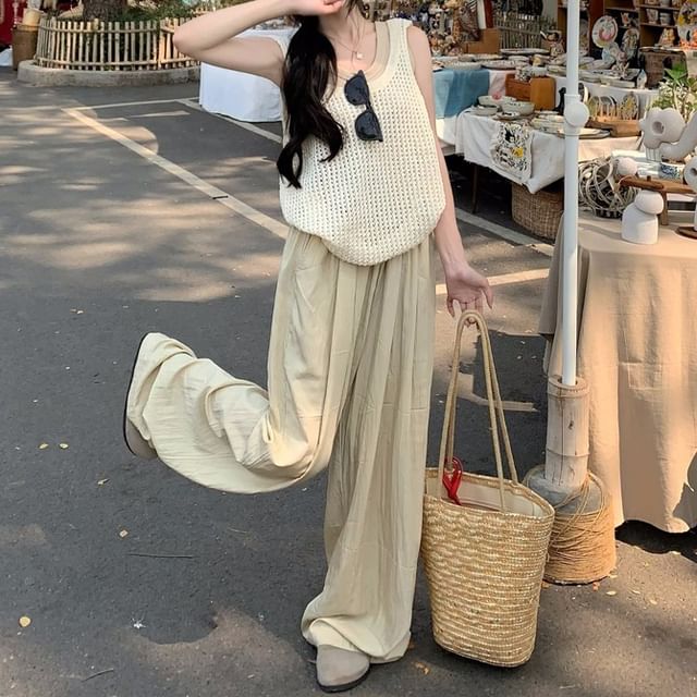 Plain Leg High Waist Pants Wide Top Tank Knit / Neck Scoop Sleeveless