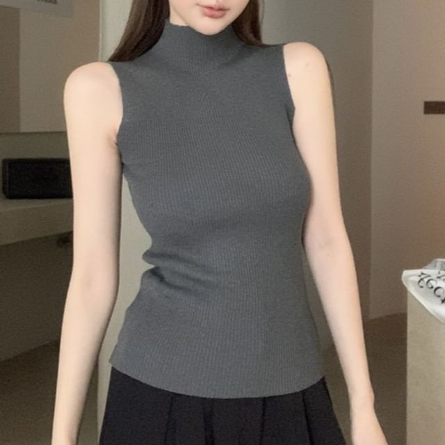 Ribbed Top Knit Neck Crop Plain Mock Sleeveless