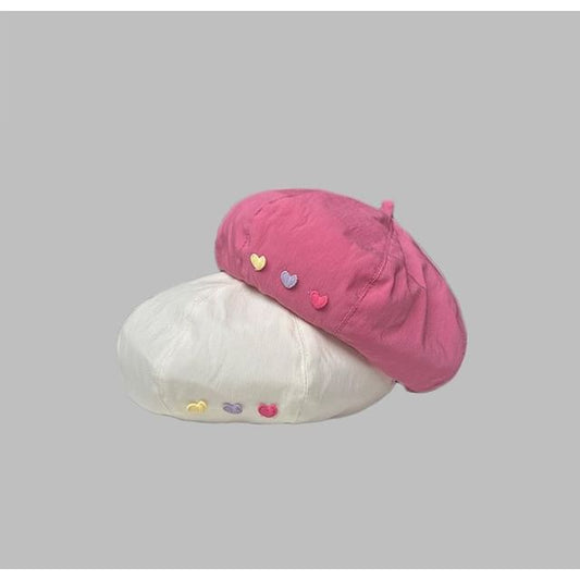 Heart Embroidered Beret Hat
