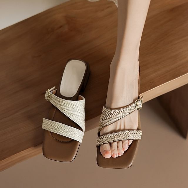 Low Square Toe Strap Woven Heel Sandals
