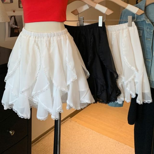 Plain A-Line Trim Waist High Skirt Mini Lace Ruffle