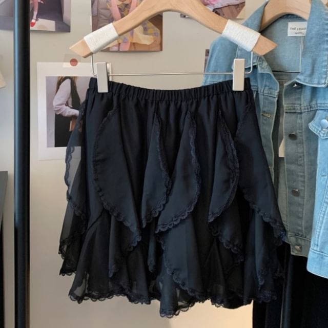 Plain A-Line Trim Waist High Skirt Mini Lace Ruffle