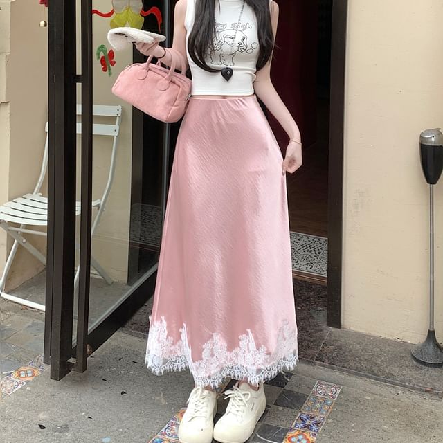 Panel A-Line Lace Skirt Rise Satin Midi High