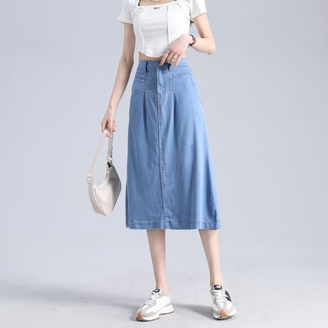 Midi Denim Waist Skirt High A-Line