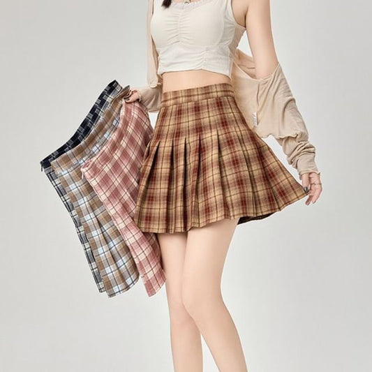 Rise Pleated Mini Plaid Skirt High A-Line
