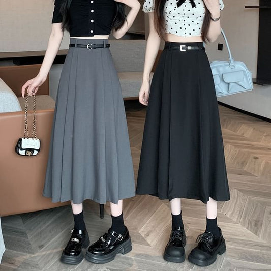 Pleated High Skirt Rise Plain A-Line Midi
