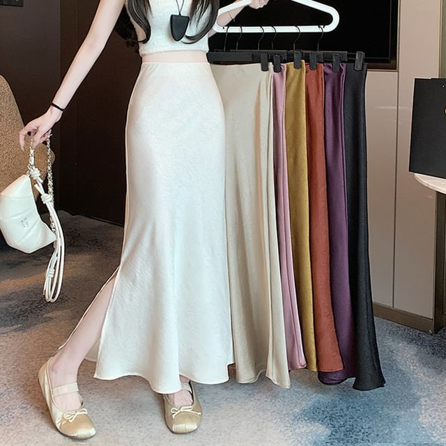 High Rise Slit Fishtail Skirt Maxi Satin Plain