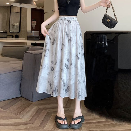 Midi Skirt High A-Line Print Rise Butterfly