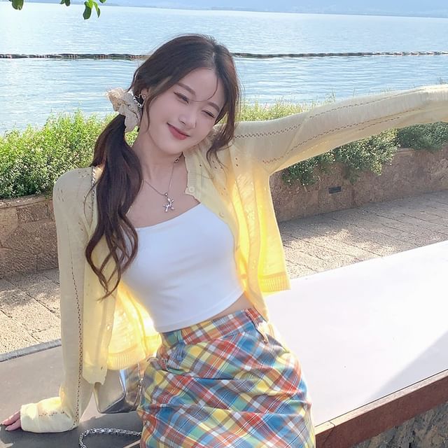 Crew Crop Neck Perforated Cardigan Plain Button-Up