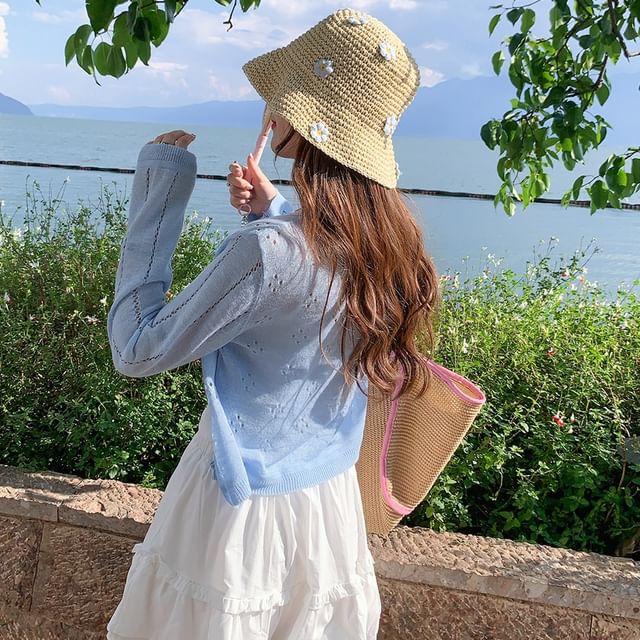 Crew Crop Neck Perforated Cardigan Plain Button-Up