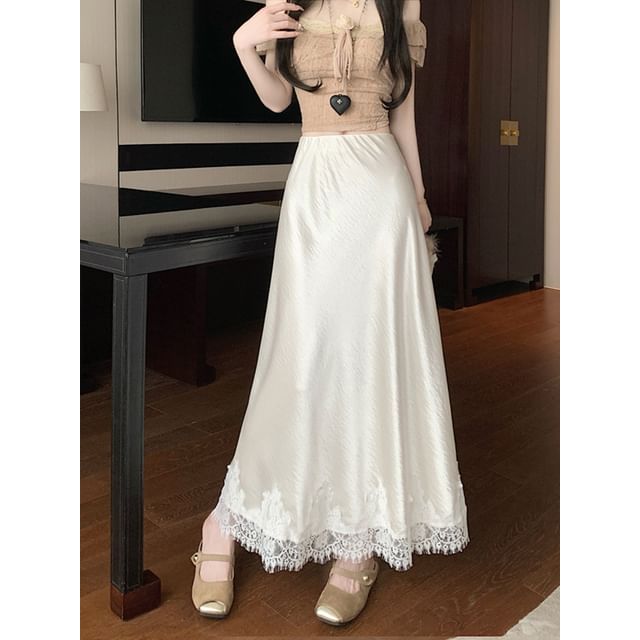 Panel A-Line Lace Skirt Rise Satin Midi High