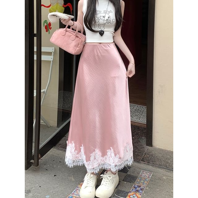 Panel A-Line Lace Skirt Rise Satin Midi High