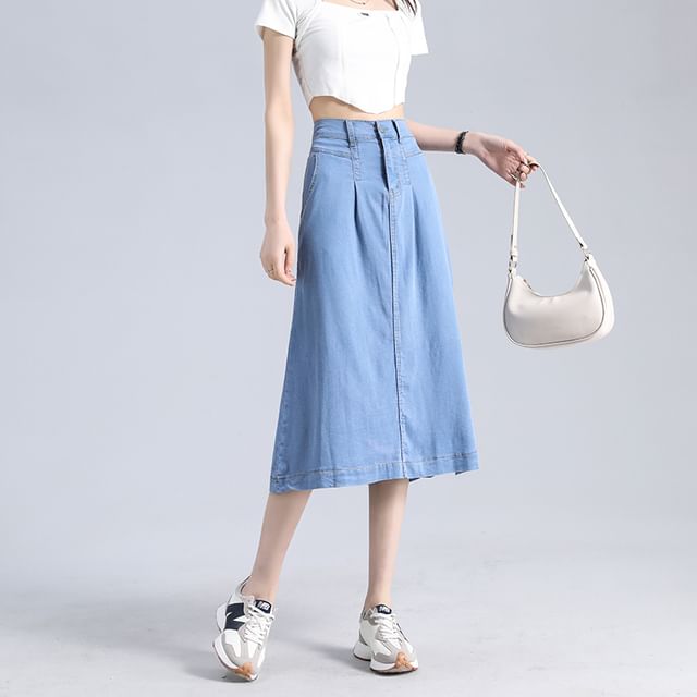 Midi Denim Waist Skirt High A-Line