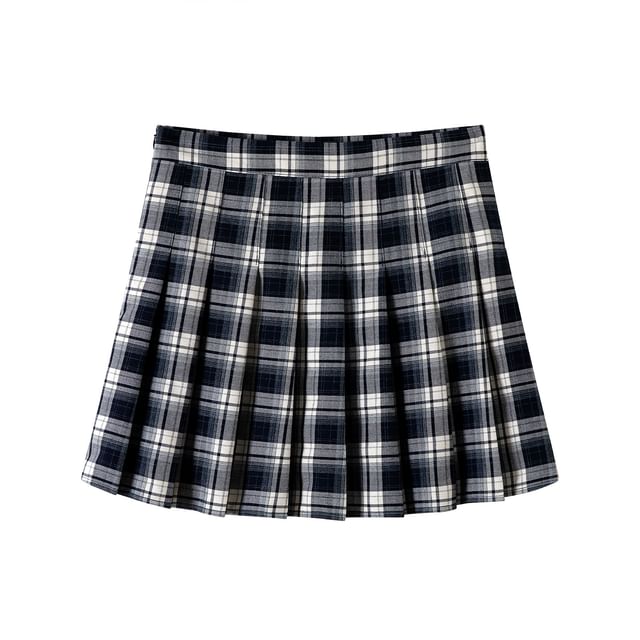 Rise Pleated Mini Plaid Skirt High A-Line