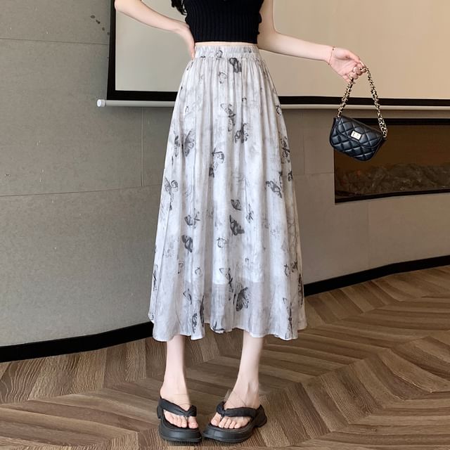 Midi Skirt High A-Line Print Rise Butterfly