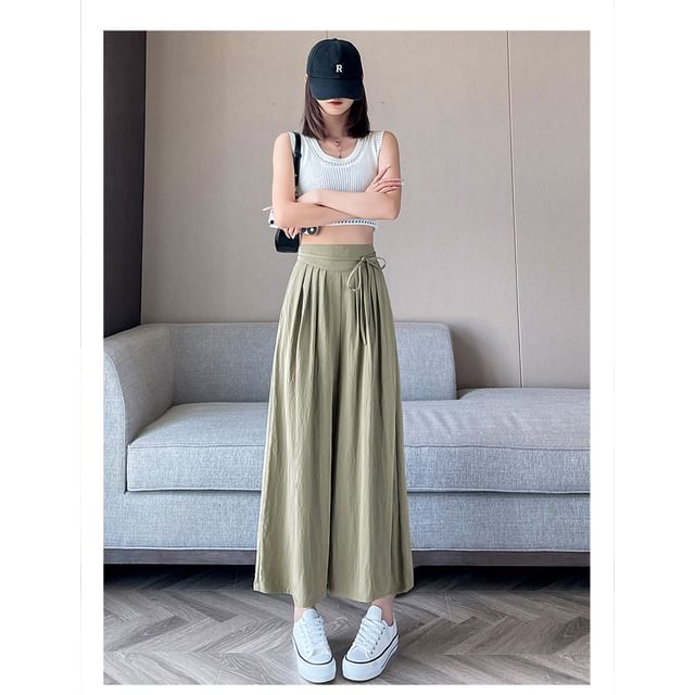 Plain High Waist Cropped Pleated Culottes
