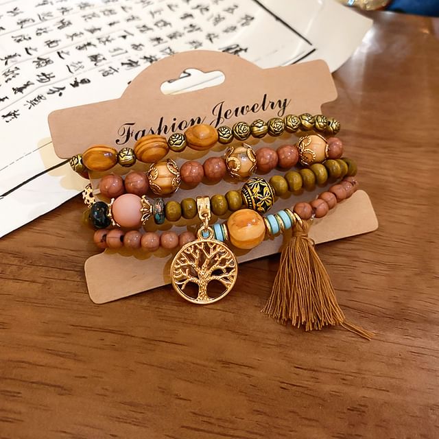 Bracelet Designs) Bead / (Various Faux Gemstone Wooden Set Tassel