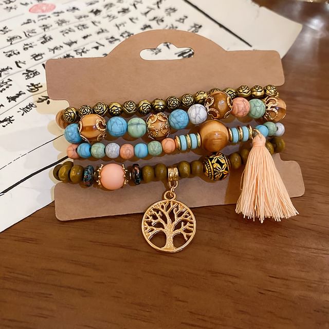 Bracelet Designs) Bead / (Various Faux Gemstone Wooden Set Tassel