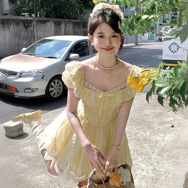 Bow Mini Dress Ruffle Short A-Line Neck Panel Lace Square Sleeve