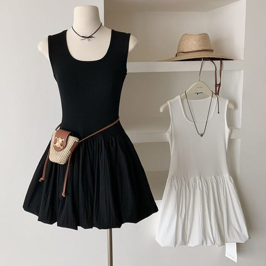 Neck Scoop Dress Mini A-Line Ribbed Plain Sleeveless