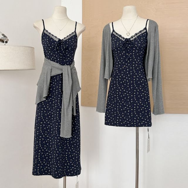 Dress Set: Trim Print Cardigan Floral Plain Lace Designs) V-Neck Spaghetti Front Strap + Open A-Line (Various
