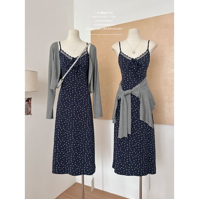 Dress Set: Trim Print Cardigan Floral Plain Lace Designs) V-Neck Spaghetti Front Strap + Open A-Line (Various